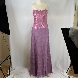 TADASHI SHOJI Sequined Jewel Illusion Neckline Layered Lavender Gown Size 12 NWT